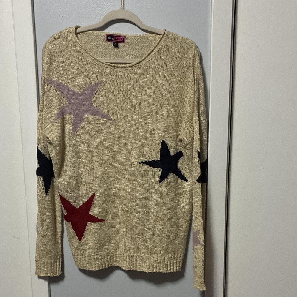 Say What? Cream Star Knit Sweater M ✦ Loose Slouchy Y2K Indie Grunge Novelty